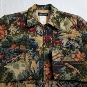 Vintage Nature Tapestry Jacket Animal All Over Print Deer Landscape Full Zip